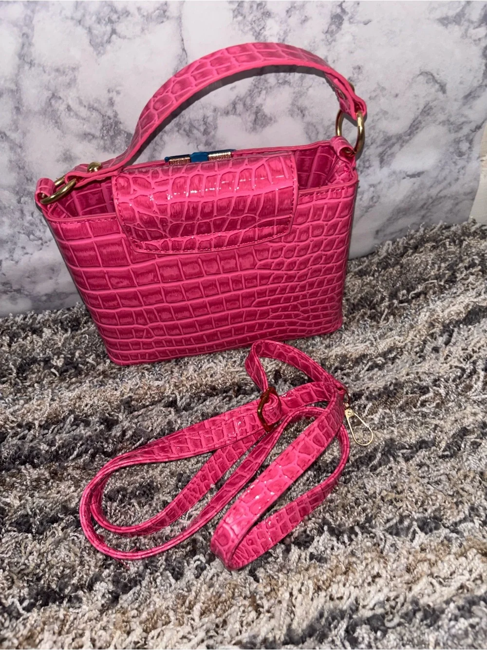 Hot Pink Croc-Embossed Women’s Handbag with Detachable Strap